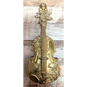 Vintage Gold Painted Decorative Violin Ornament With Cherub Design & Floral
